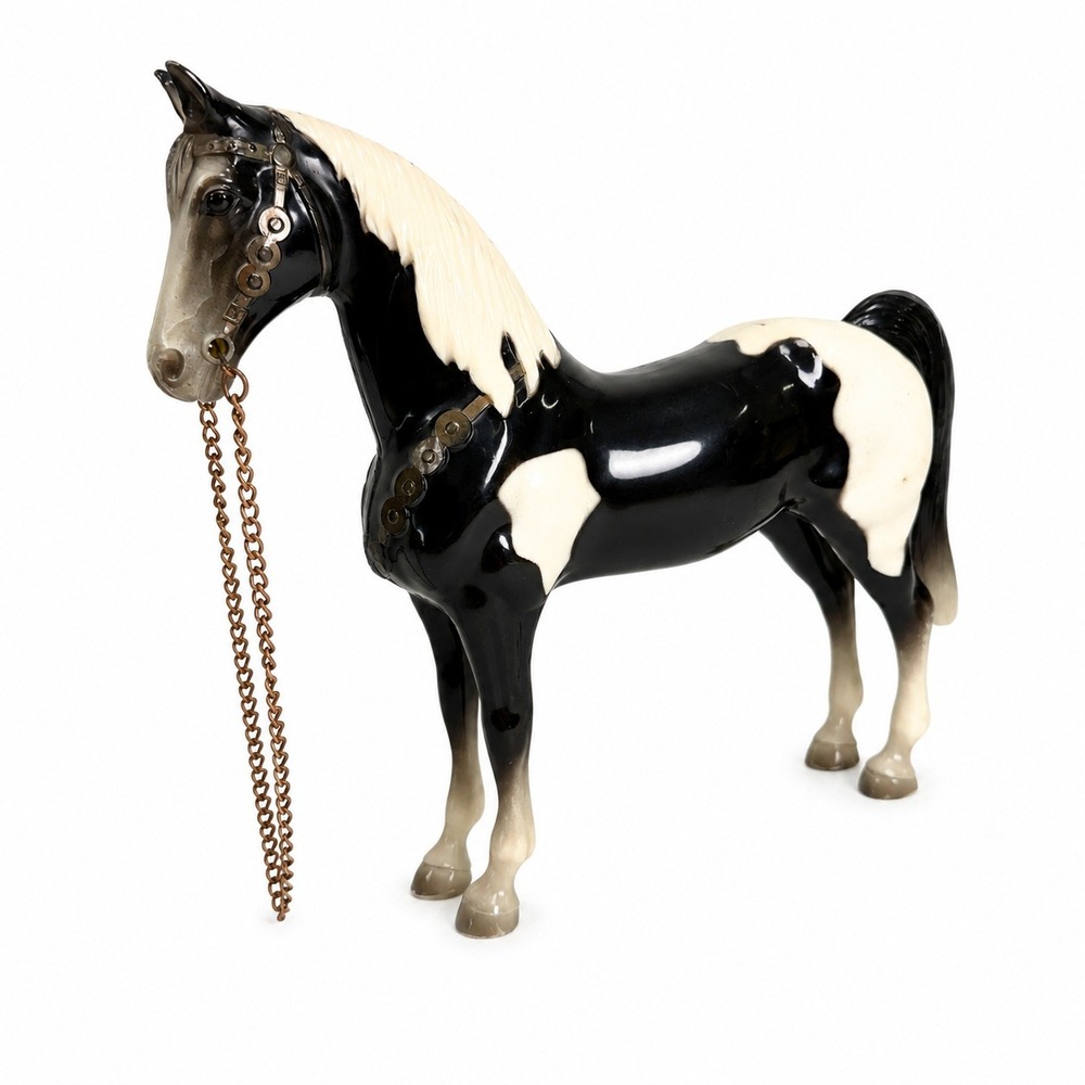 Vintage Breyer Pinto Horse Figurine Black White Western Harness Chain Lead 8in